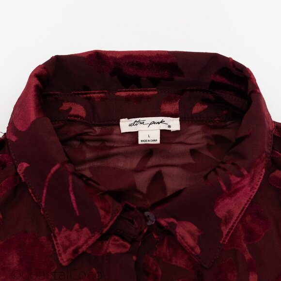 Ultra Pink Burnout Velvet Blouse L Burgundy Floral Sheer Romantic Goth Vampy - Picture 5 of 13